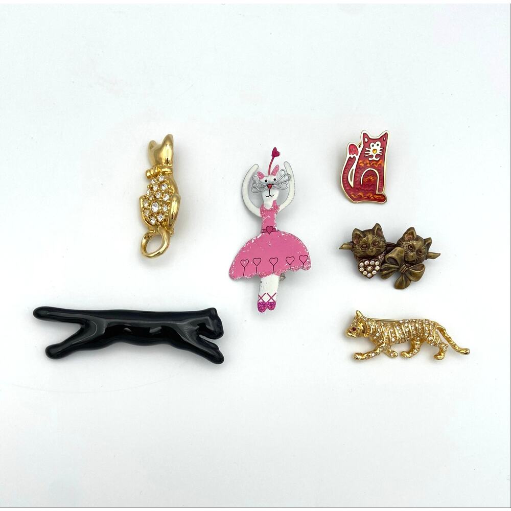 Cat Brooch Pin Lot of 6 Vintage To Modern Gold Tone Black White